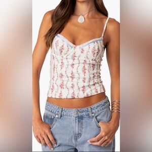 Edikted Indira Floral Cupped Lace Up Corset Cami Top Sz L NWT